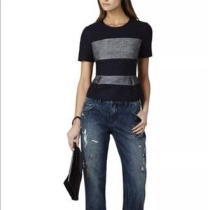 BCBG Necole Blocked Blue Denim/ Chambray Peplum Top. Small